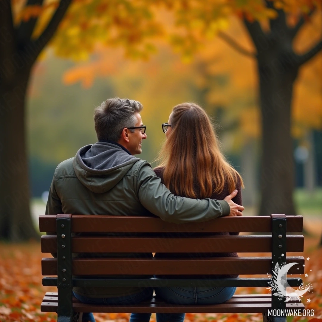 Пара сидит на лавочке в парке, окруженная осенними листьями.