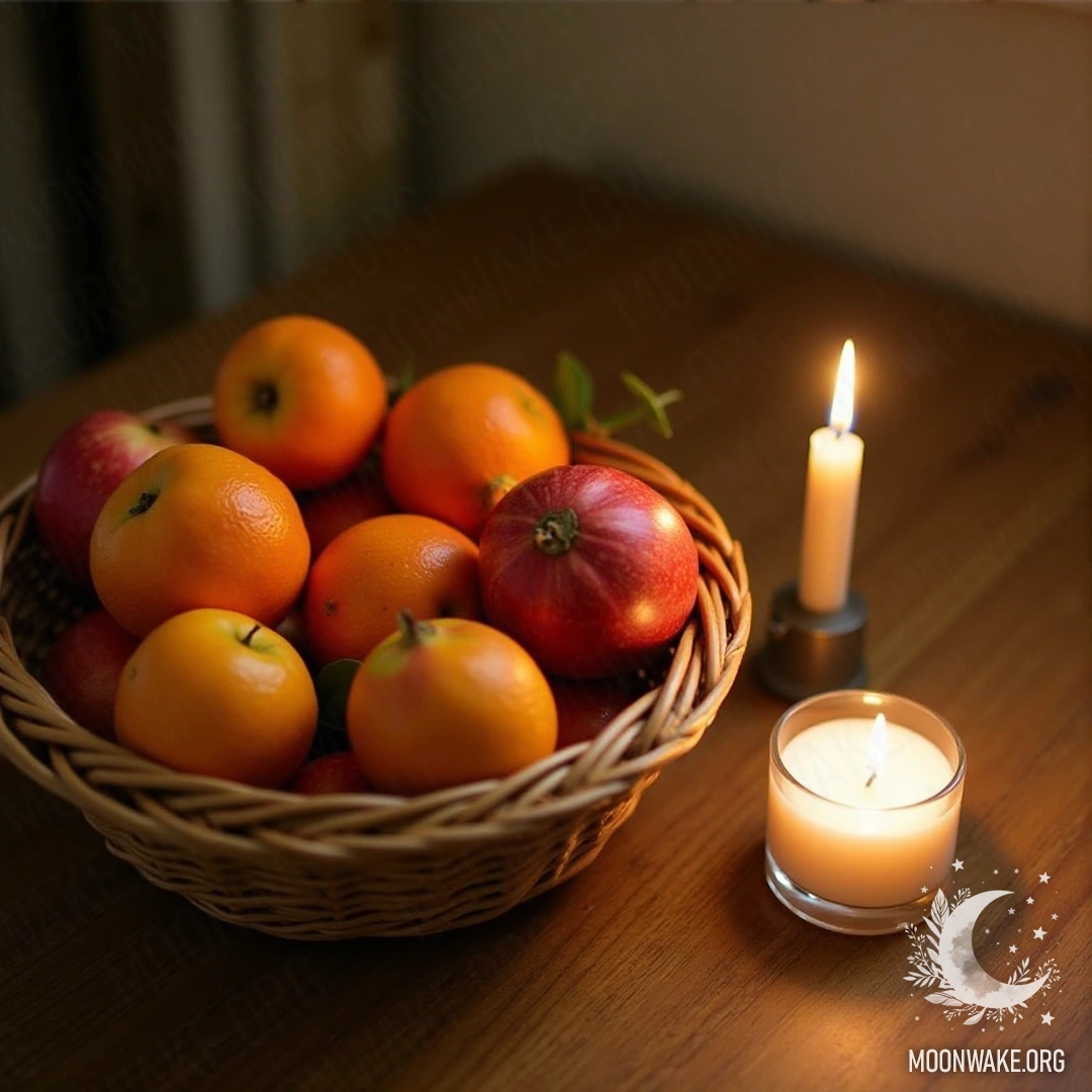 Корзина с свежими яблоками, апельсинами и гранатом рядом с зажженной свечой на деревянном столе.