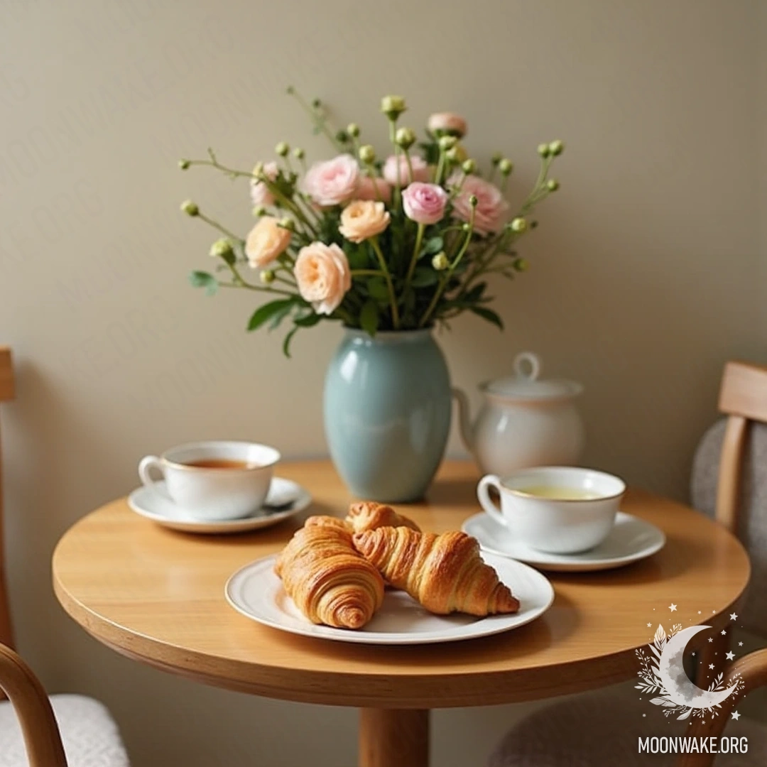 Небольшой деревянный стол, накрытый для завтрака, с круассанами, чайником и цветами.