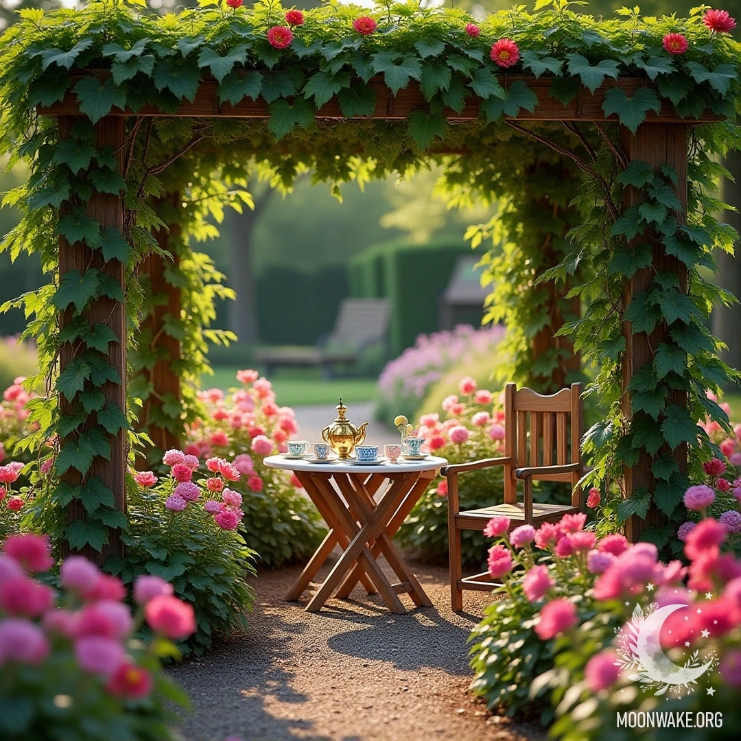 Сад, наполненный цветущими цветами, маленький чайный столик с чайником и чашками, и деревянный стул под перголой, украшенной виноградной лозой.