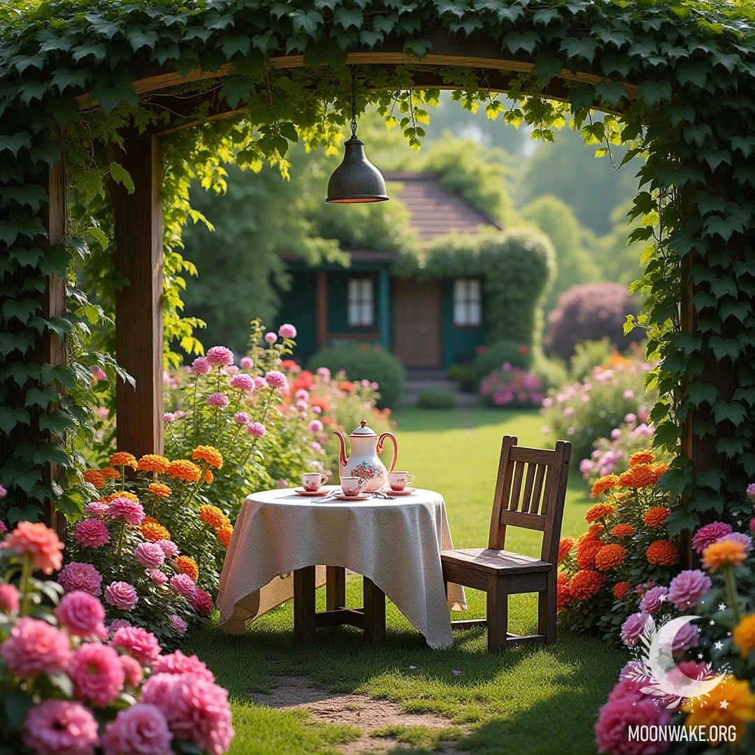 Сад, наполненный цветущими цветами, маленький чайный столик с чайником и чашками, и деревянный стул под перголой, украшенной виноградной лозой.