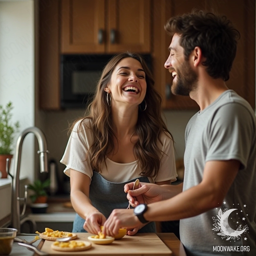 Пара готовит вместе в уютной кухне, смеясь и наслаждаясь моментом.