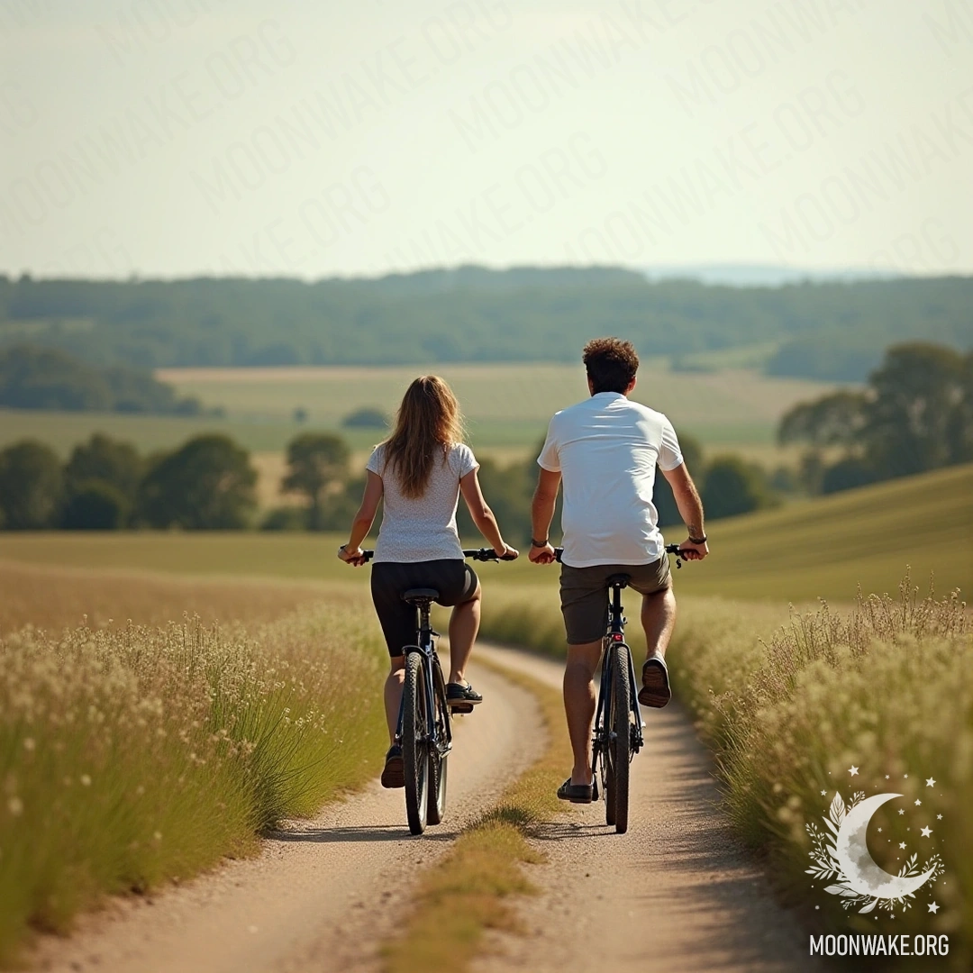 Пара едет на велосипедах по красивому сельскому ландшафту, окруженная зелеными полями и природой.