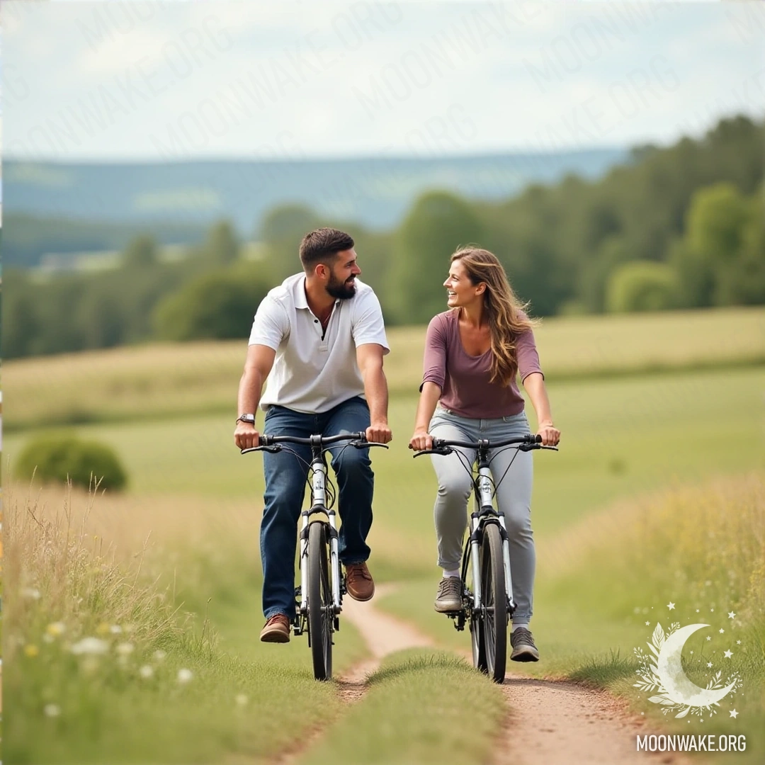 Пара катается на велосипедах по живописной местности, улыбается.