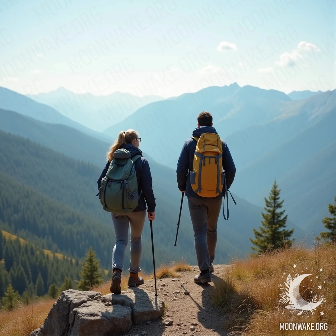 Пара стоит на вершине горы, любуясь потрясающим видом.