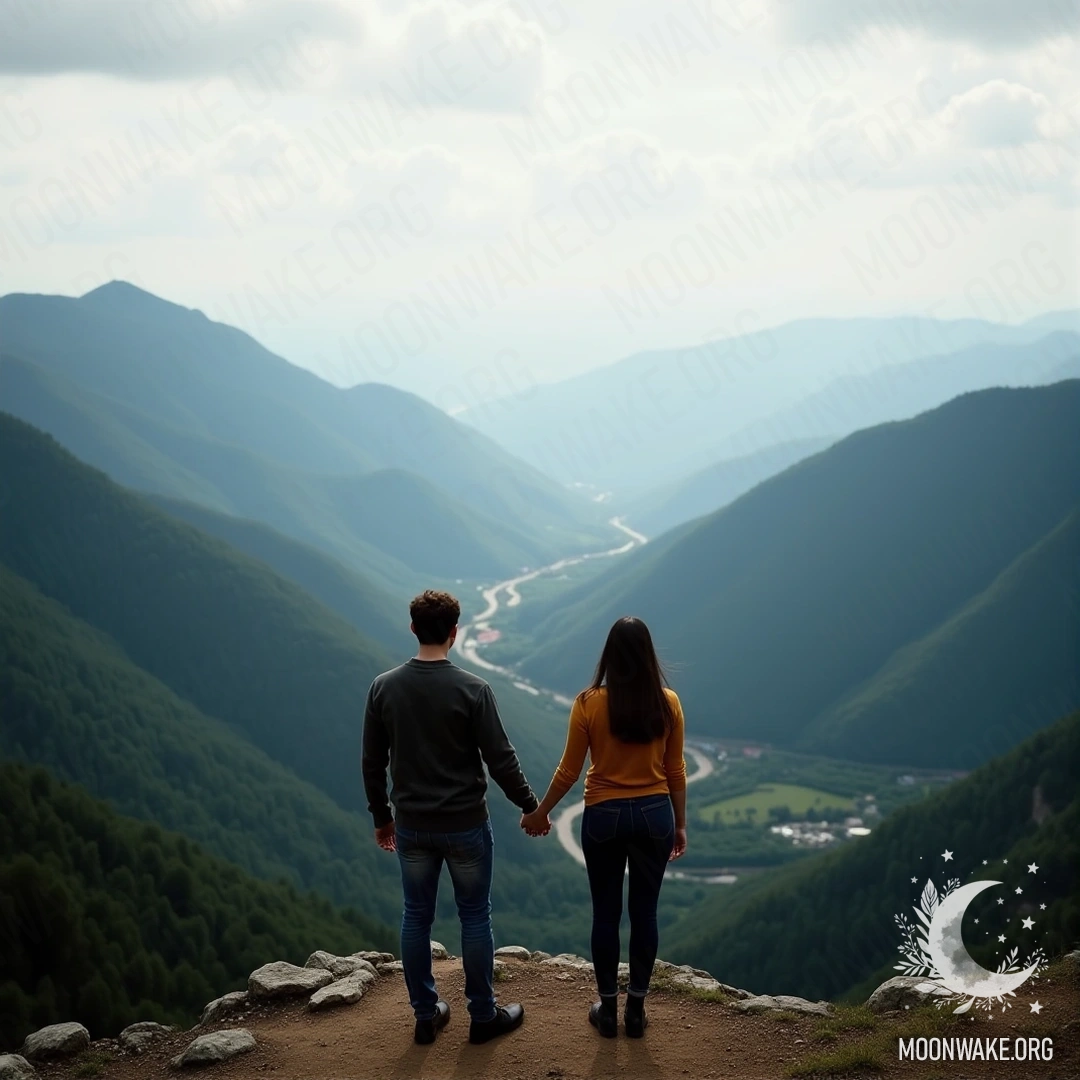 Пара, держащаяся за руки на вершине горы, смотрит на долину внизу.
