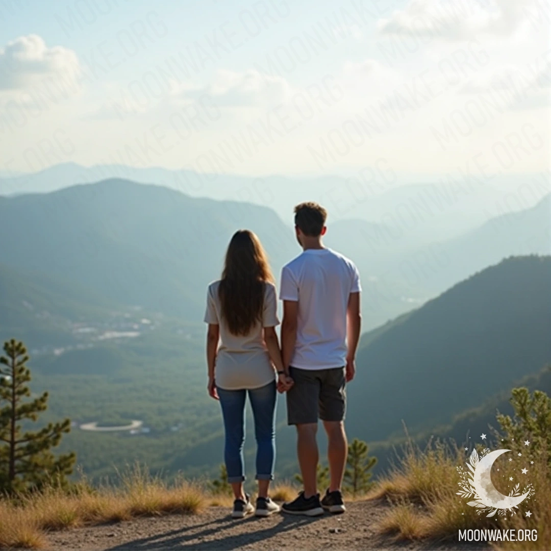 Пара, держащаяся за руки на вершине горы, смотрит на долину внизу.