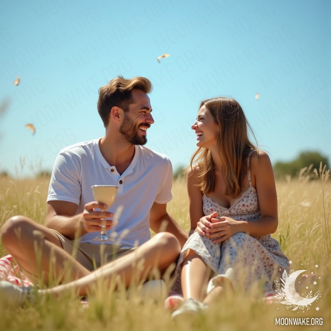 Пара смеется во время пикника на солнечном поле.