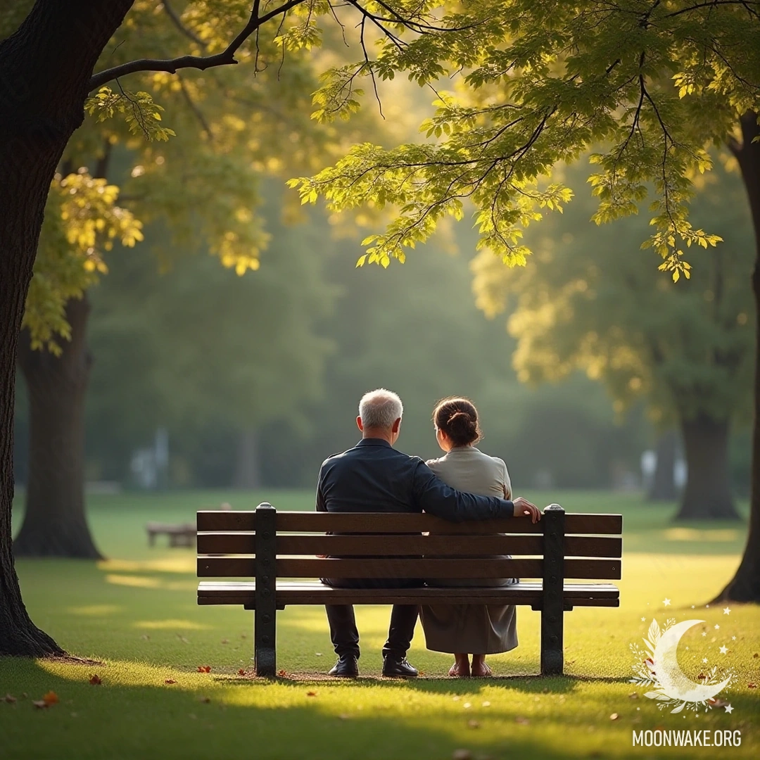Пара, сидящая на скамейке в спокойном парке, окруженная деревьями.