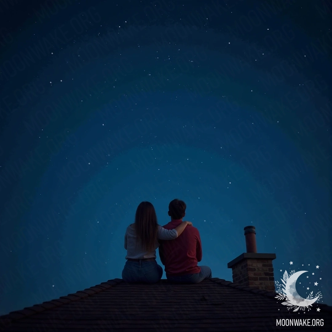 Пара сидит вместе на крыше, любуясь звездным небом.