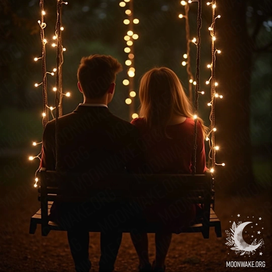Романтическая сцена: пара на качелях, окруженная сверкающими огоньками.