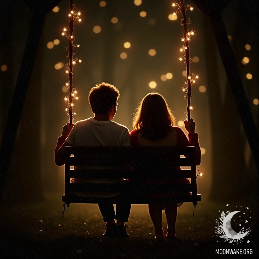 Романтическая сцена: пара на качелях, окруженная сверкающими огоньками.