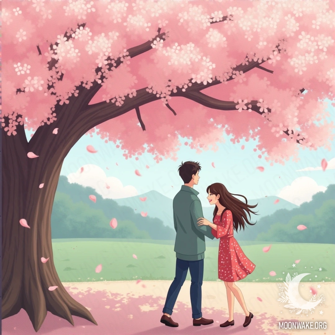 Пара наслаждается спокойным моментом под цветущей вишней, с лепестками, плавно падающими на землю.