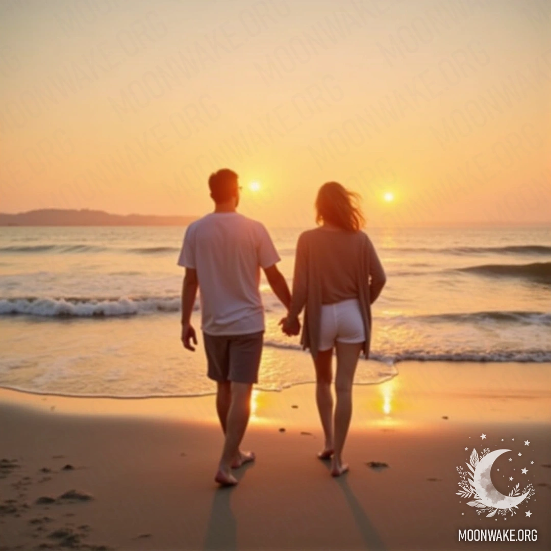 Пара идет босиком по пляжу на закате, волны нежно бьют о их ноги.