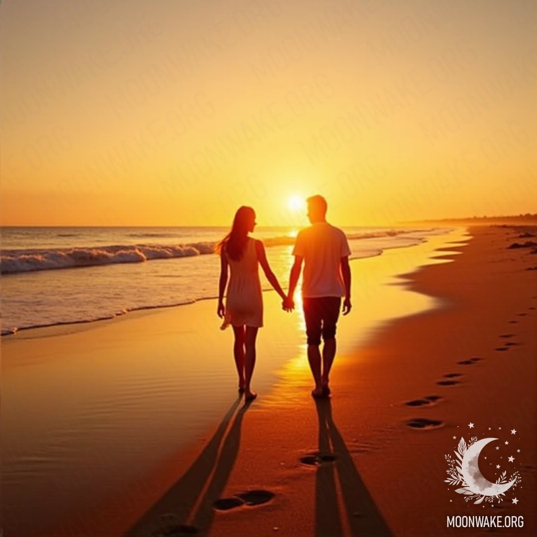 Пара, держащаяся за руки, идет по пляжу на фоне заката с отпечатками ног в песке.