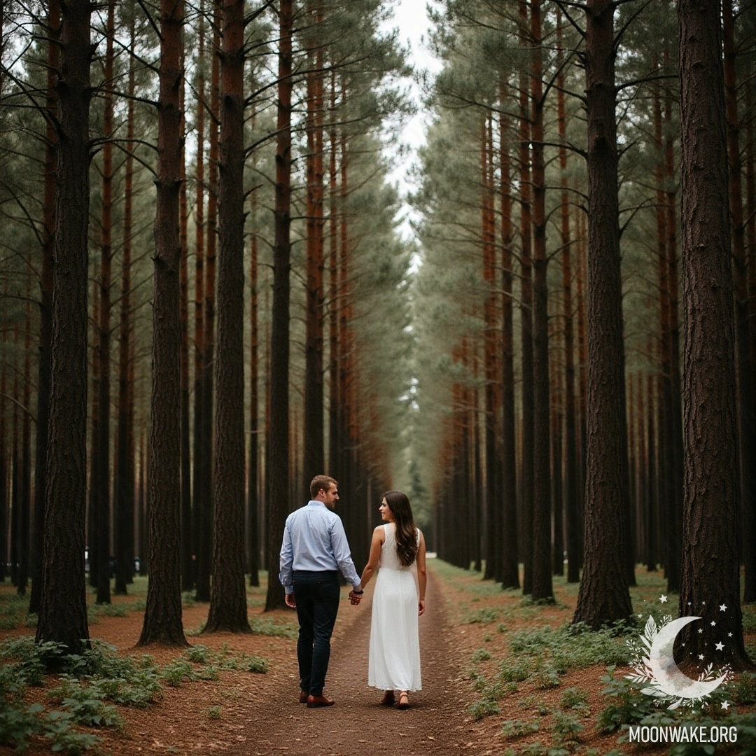 Пара, держащаяся за руки и идущая по лесу с высокими деревьями.