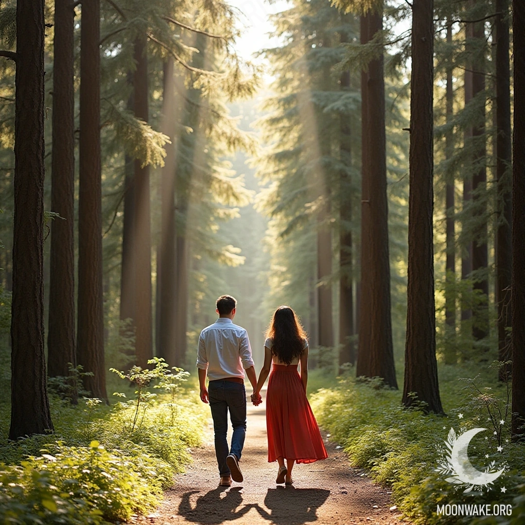 Пара держится за руки и гуляет по лесу, окруженному высокими деревьями и солнечными лучами, пробивающимися сквозь листву.
