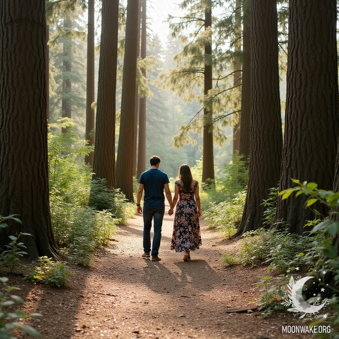 Пара держится за руки и гуляет по лесу, окруженному высокими деревьями и солнечными лучами, пробивающимися сквозь листву.