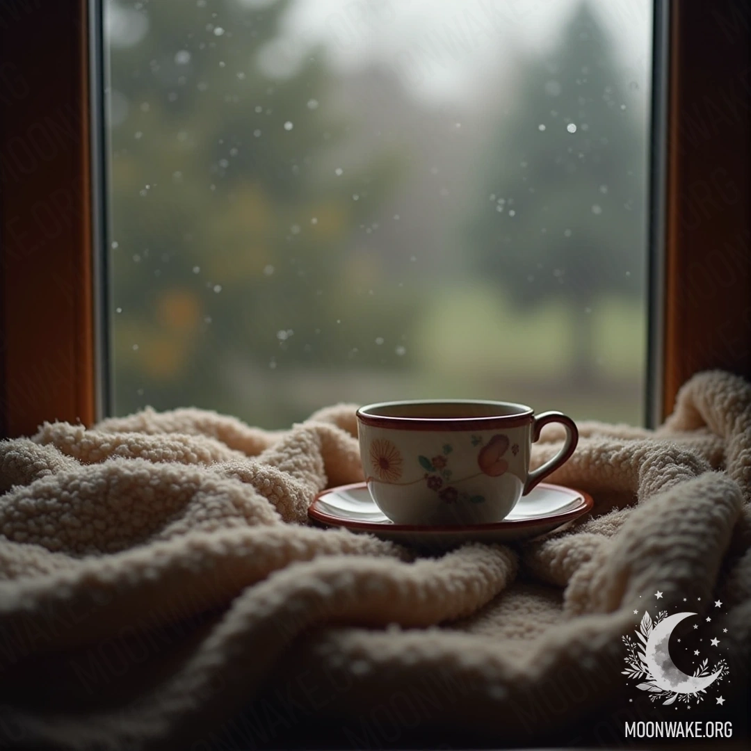 Уютное одеяло и чашка горячего чая у окна в дождливый день.