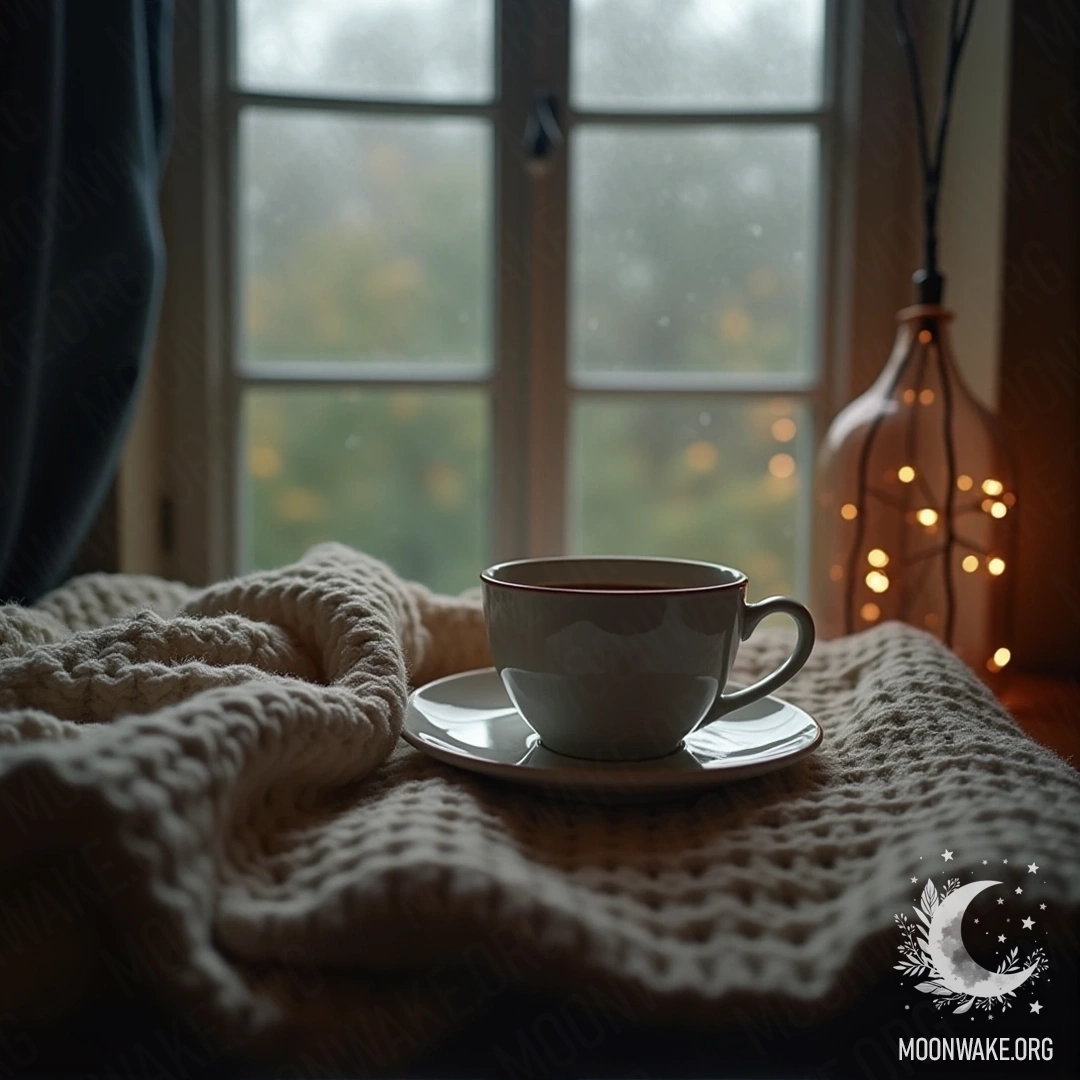 Уютное одеяло и чашка горячего чая у окна в дождливый день.