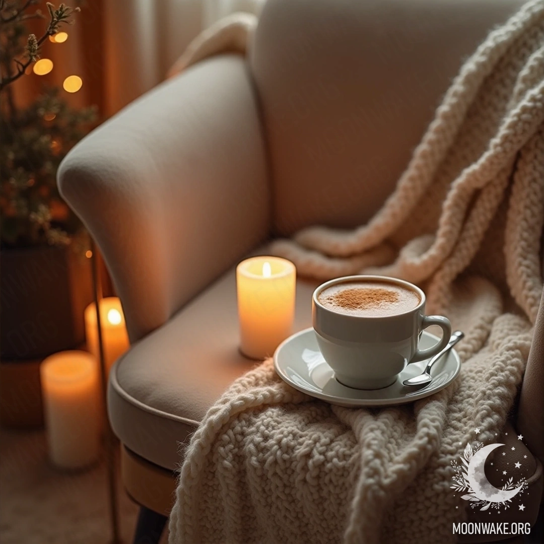 Мягкий шершащий плед на стуле, чашка кофе на прикроватном столике окружена свечами.