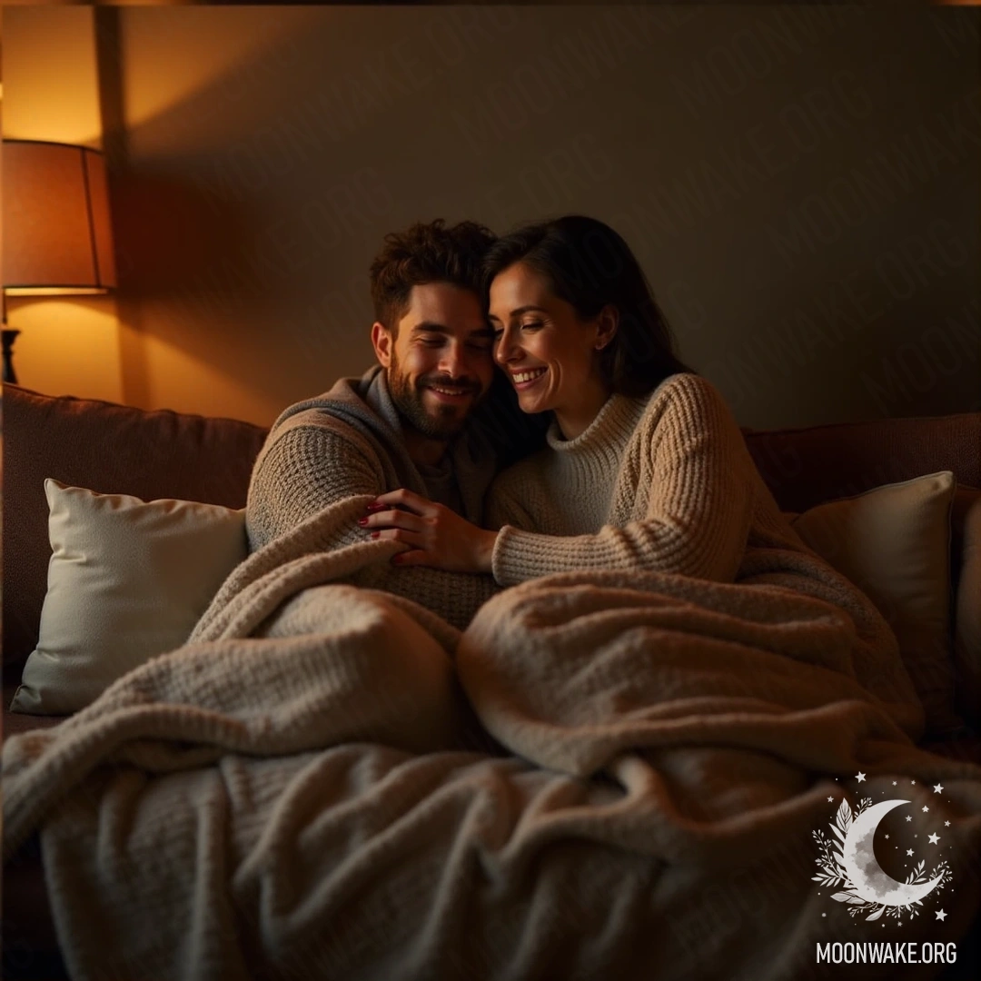 Пара, обнимающая друг друга на уютном диване, окруженная пледами и подушками.