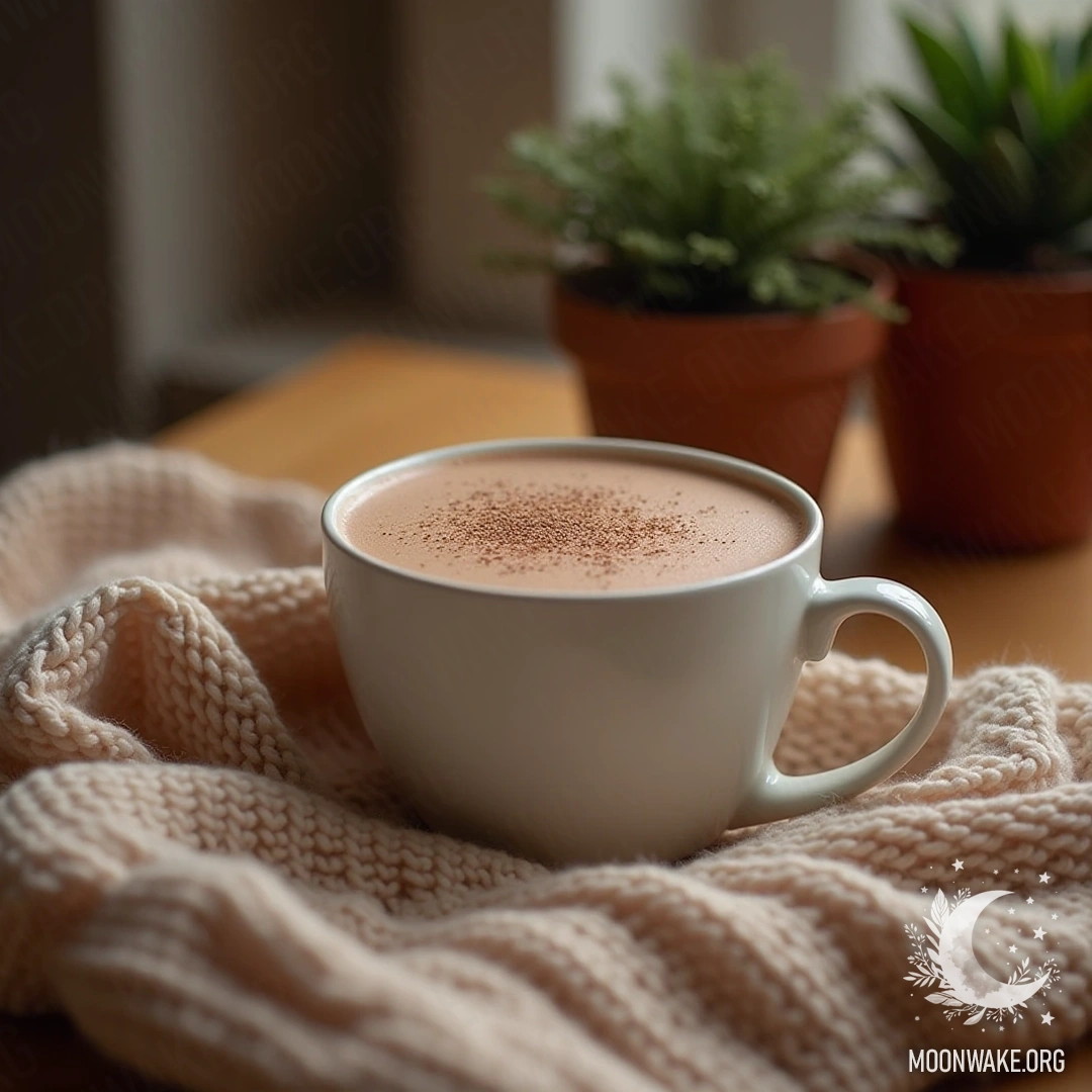 Уютный вязаный свитер и чашка горячего какао Уютный вязаный свитер и чашка горячего какао на деревянном столе рядом с маленьким горшочным растением.