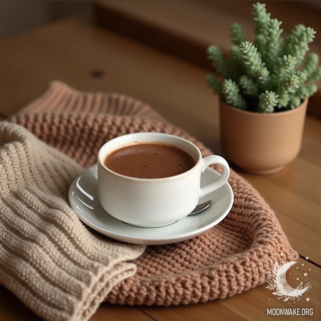 Уютный вязаный свитер и чашка горячего какао Уютный вязаный свитер и чашка горячего какао на деревянном столе рядом с маленьким горшочным растением.