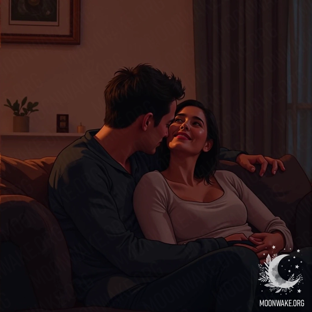 Пара обнимается на диване, смотря фильм в уютной обстановке.