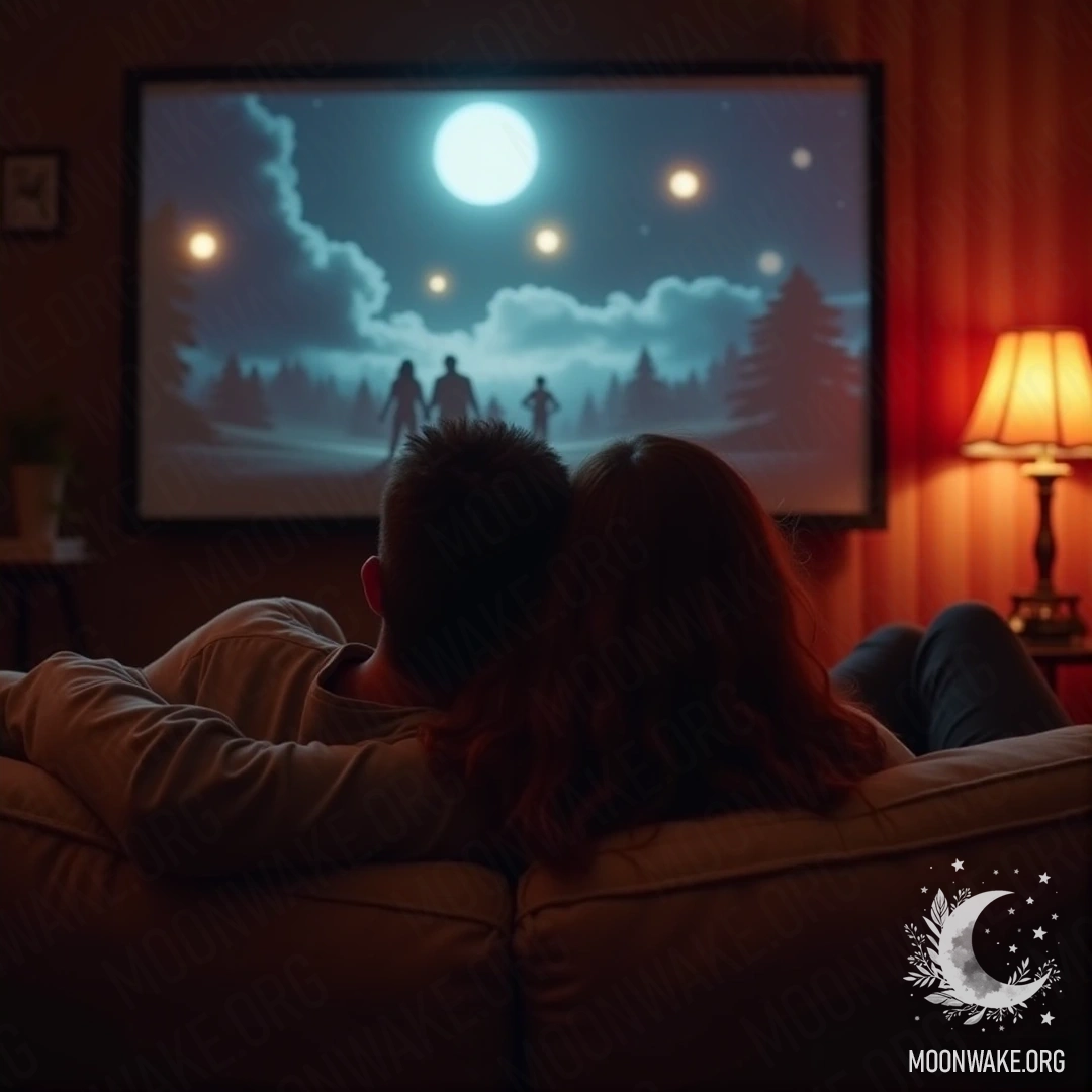 Пара обнимается на диване, смотря фильм в уютной обстановке.