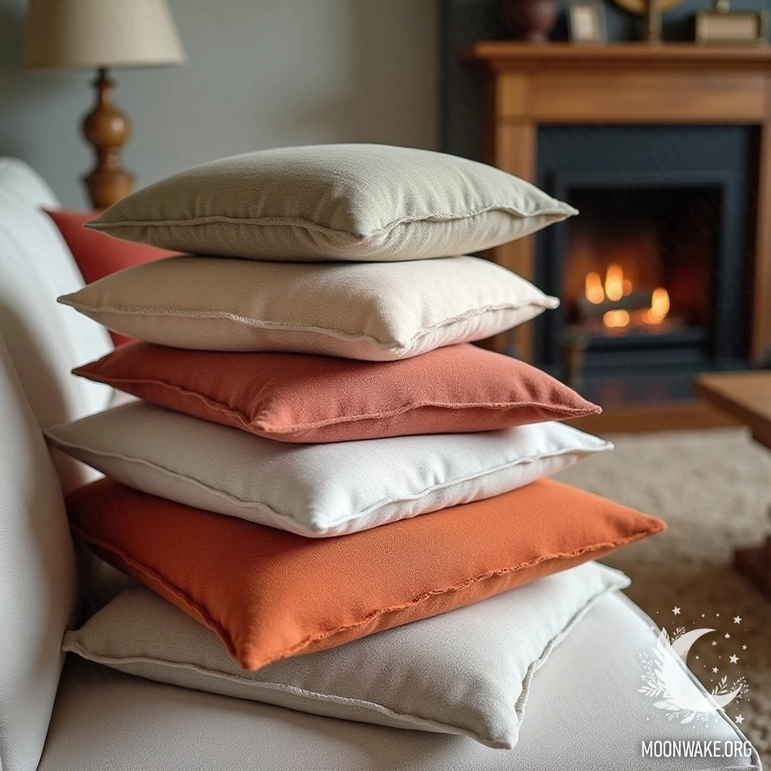 Стопка мягких, цветных подушек на уютном диване у камина.