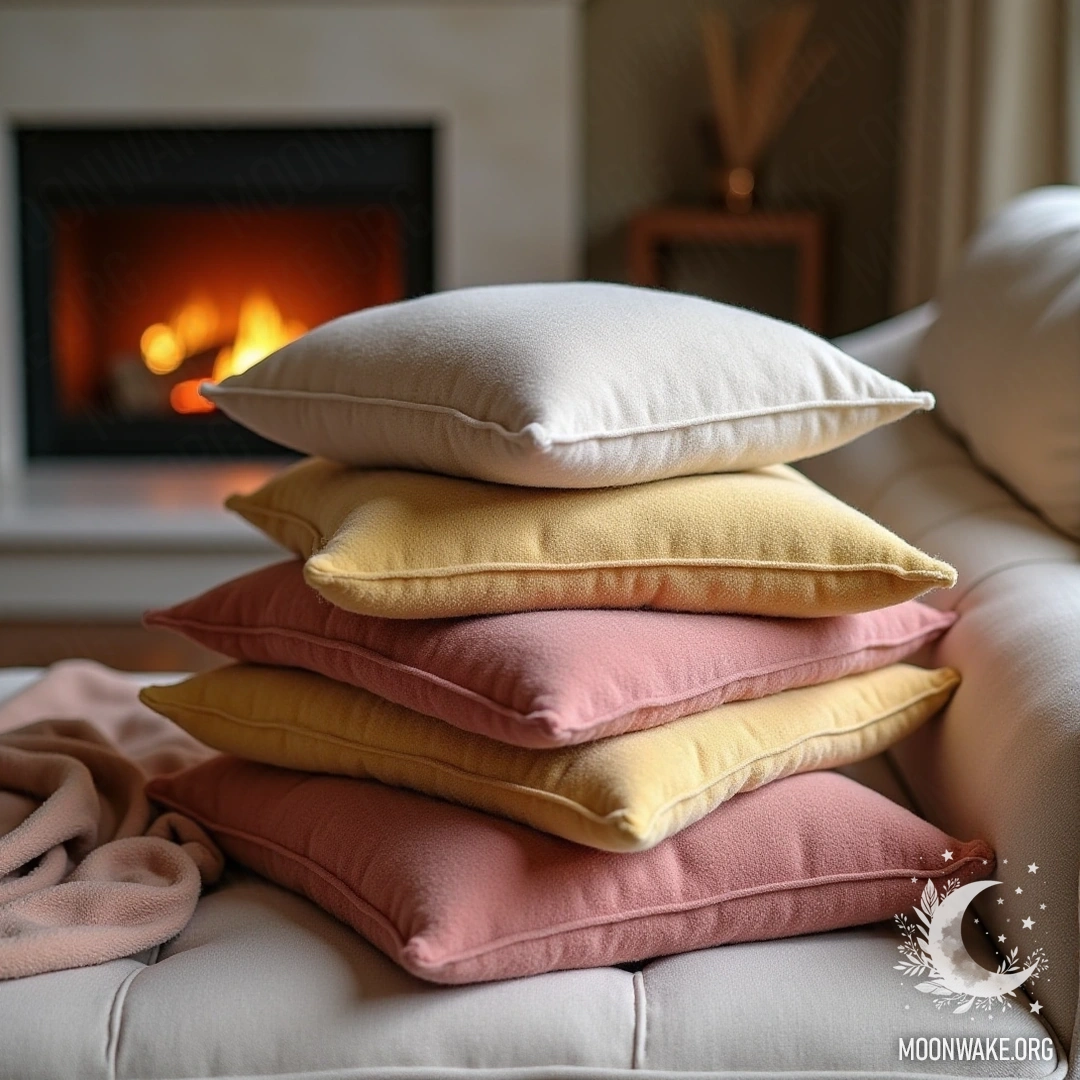 Стопка мягких, цветных подушек на уютном диване у камина.