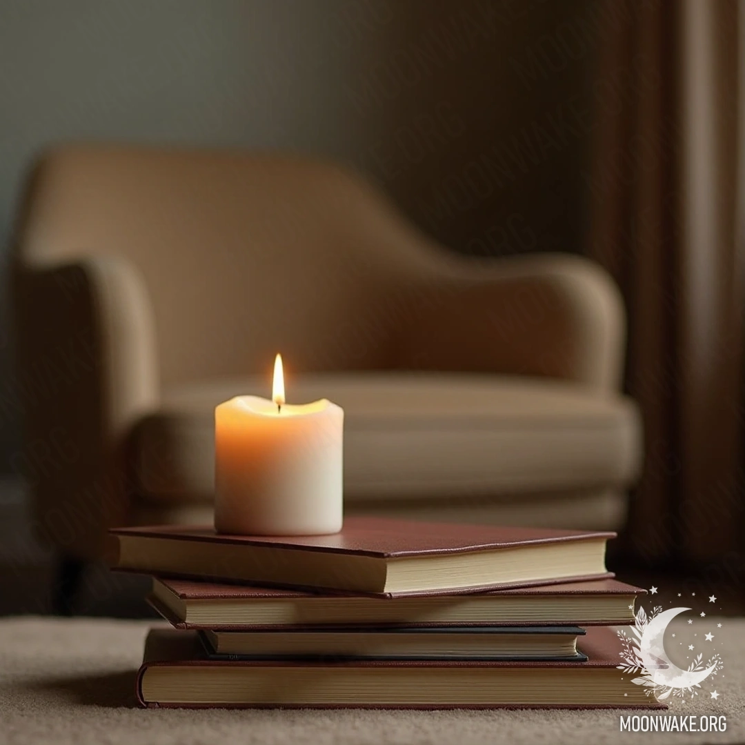 Стопка книг рядом с нежно горящей свечой и креслом на фоне.