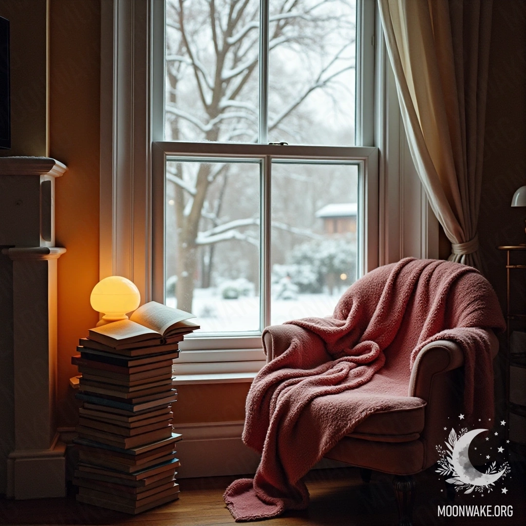 Читальный уголок у окна с падающим снегом, пледом и книгами.