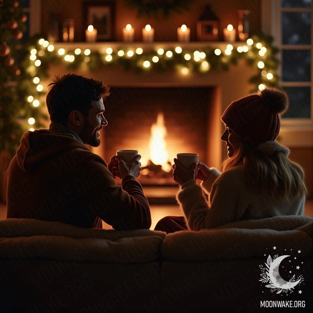 Пара наслаждается горячим шоколадом у камина в холодный зимний вечер.