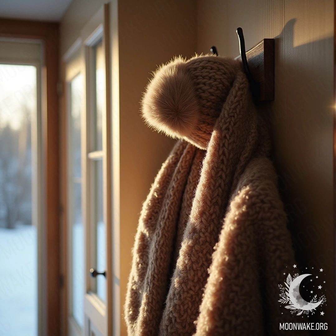 Тёплая шершавая шапка и шарф, висящие на вешалке в мягко освещённой прихожей.