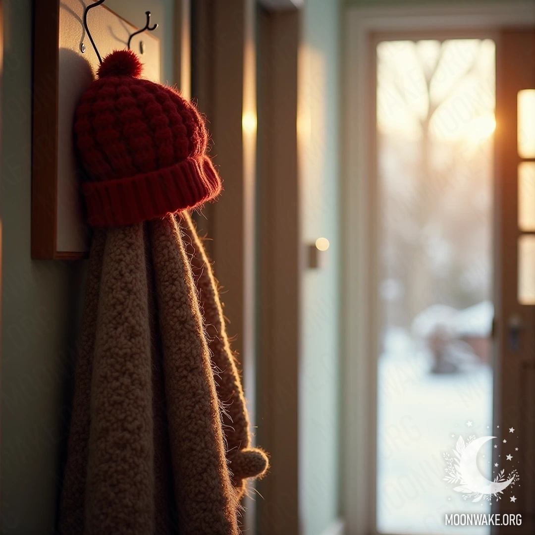 Тёплая шершавая шапка и шарф, висящие на вешалке в мягко освещённой прихожей.