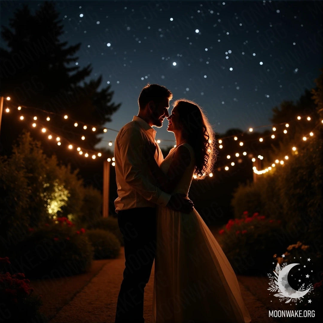 Пара танцует вместе в саду, освещенном сказочными огнями.