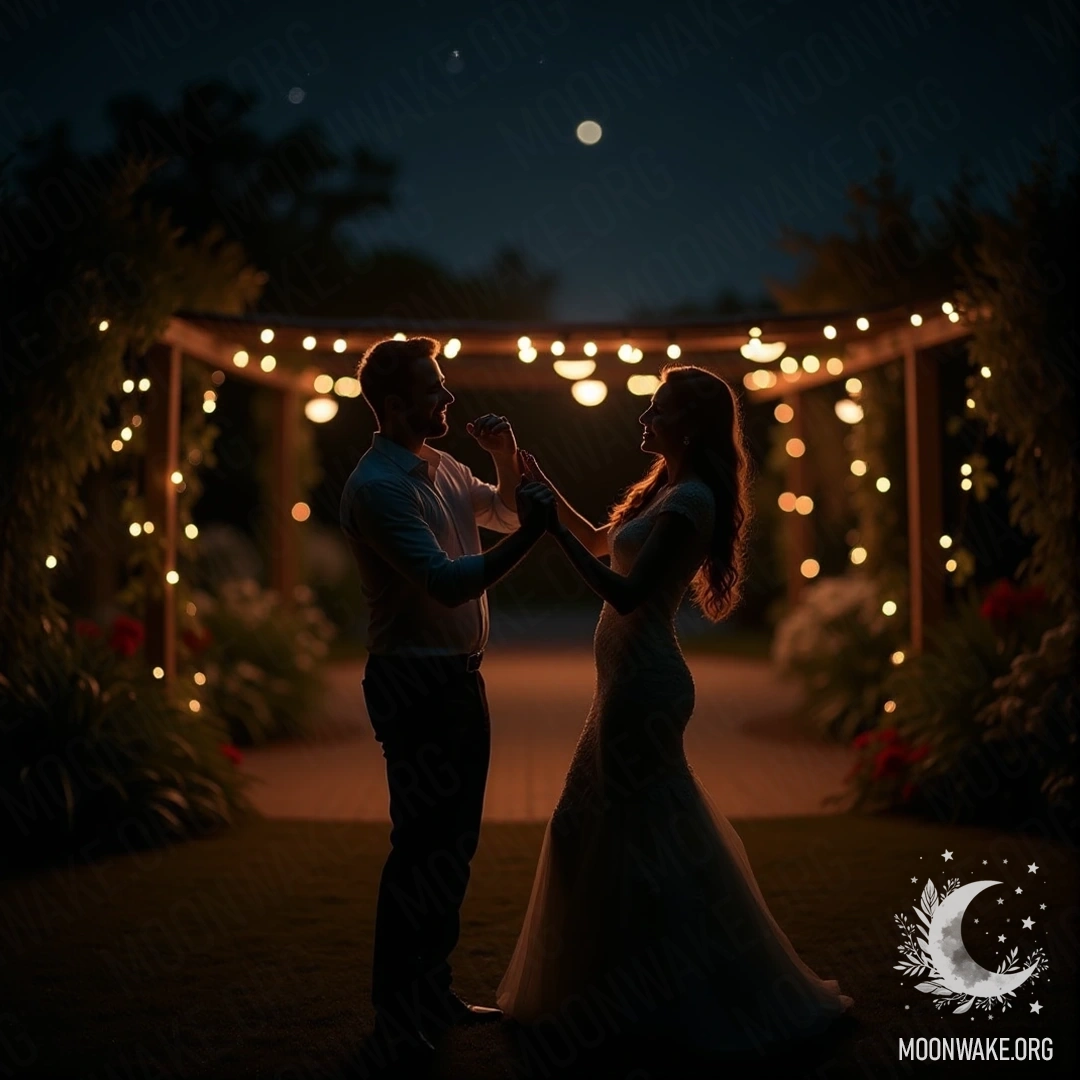 Пара танцует вместе в саду, освещенном сказочными огнями.