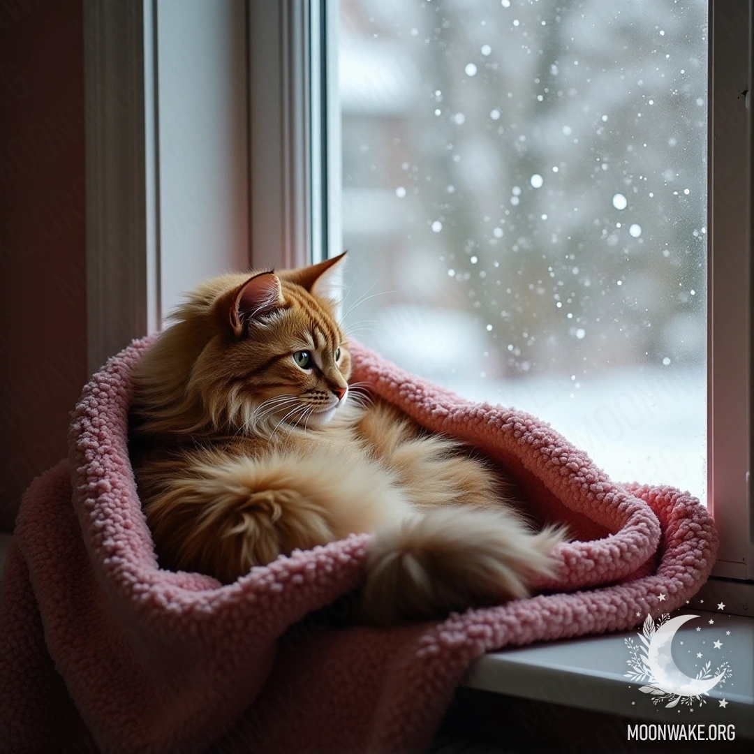 Пухлый котик, свернувшийся в одеяло, смотрит в окно на падающий снег.
