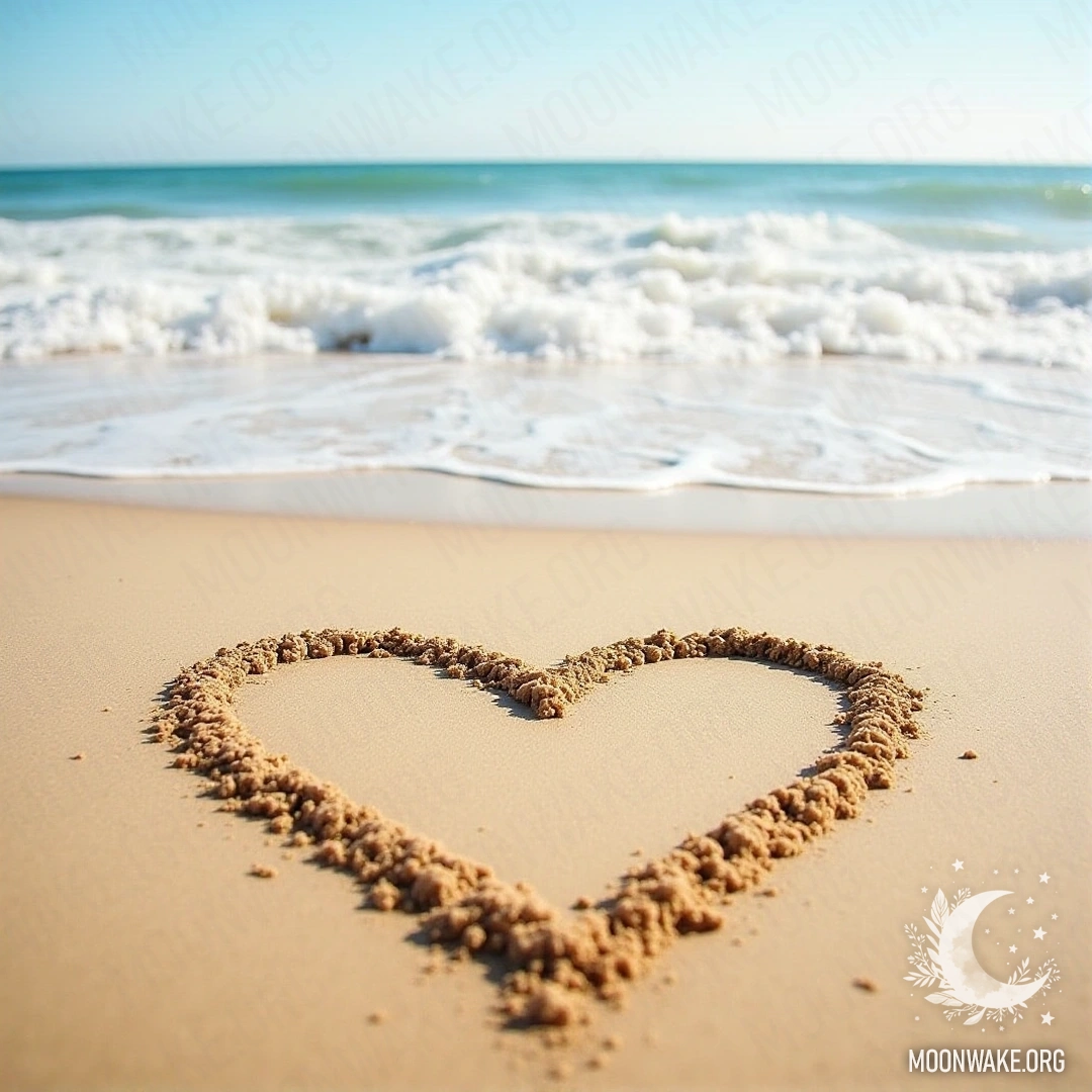 Сердце, начерченное на песке пляжа, на фоне океанских волн.
