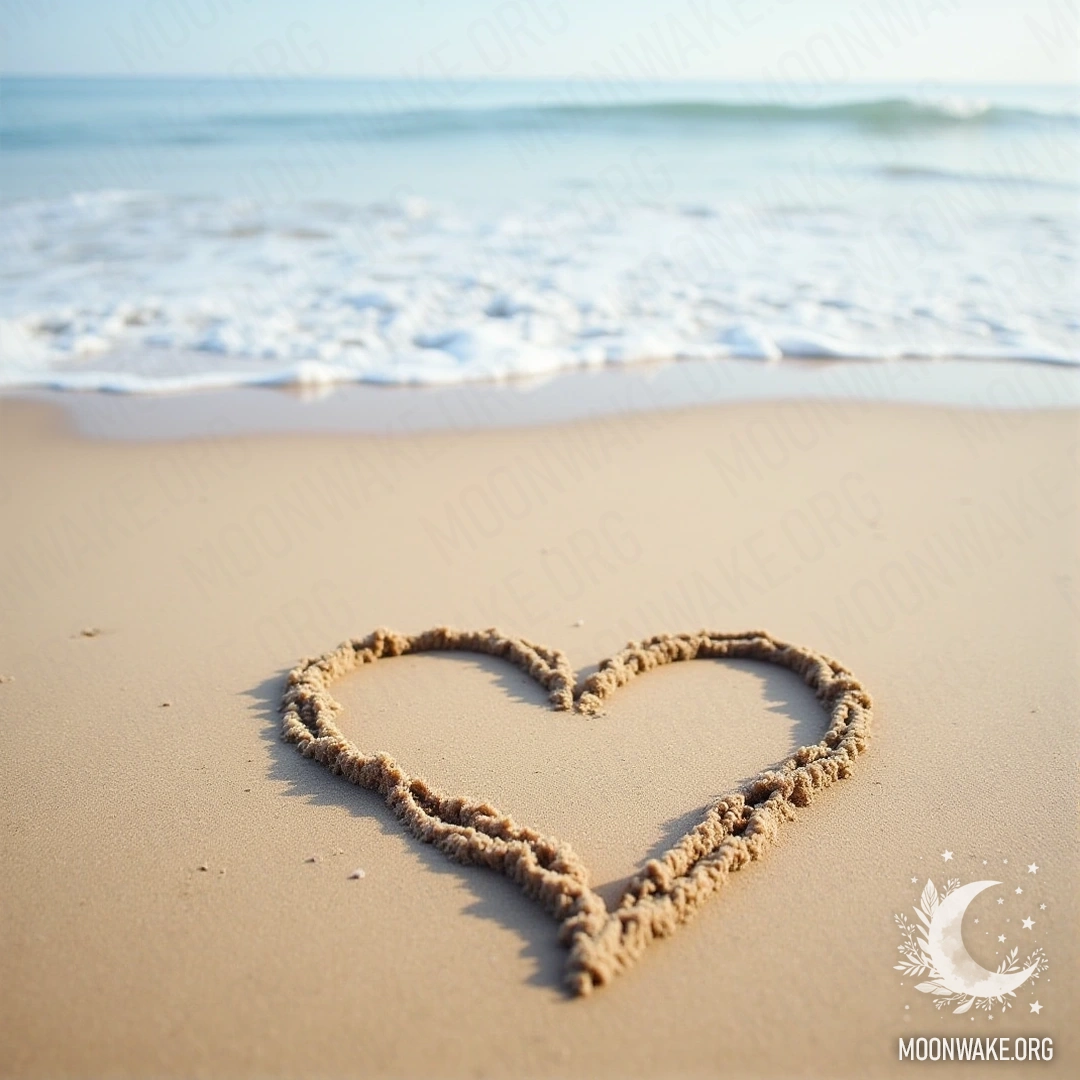 Сердце, начерченное на песке пляжа, на фоне океанских волн.