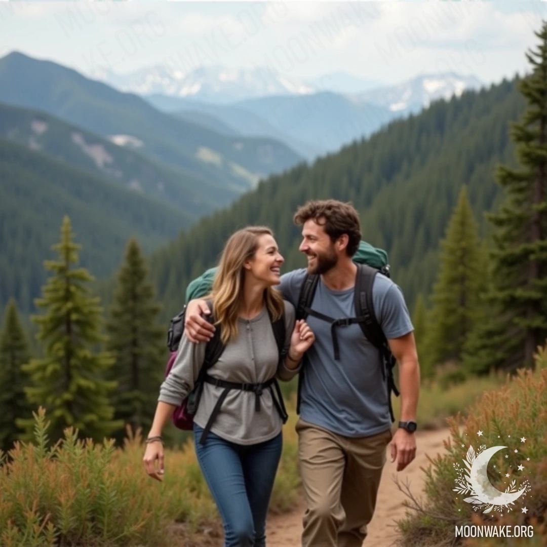 Пара, идущая в походе по горам, улыбается и смеется вместе.