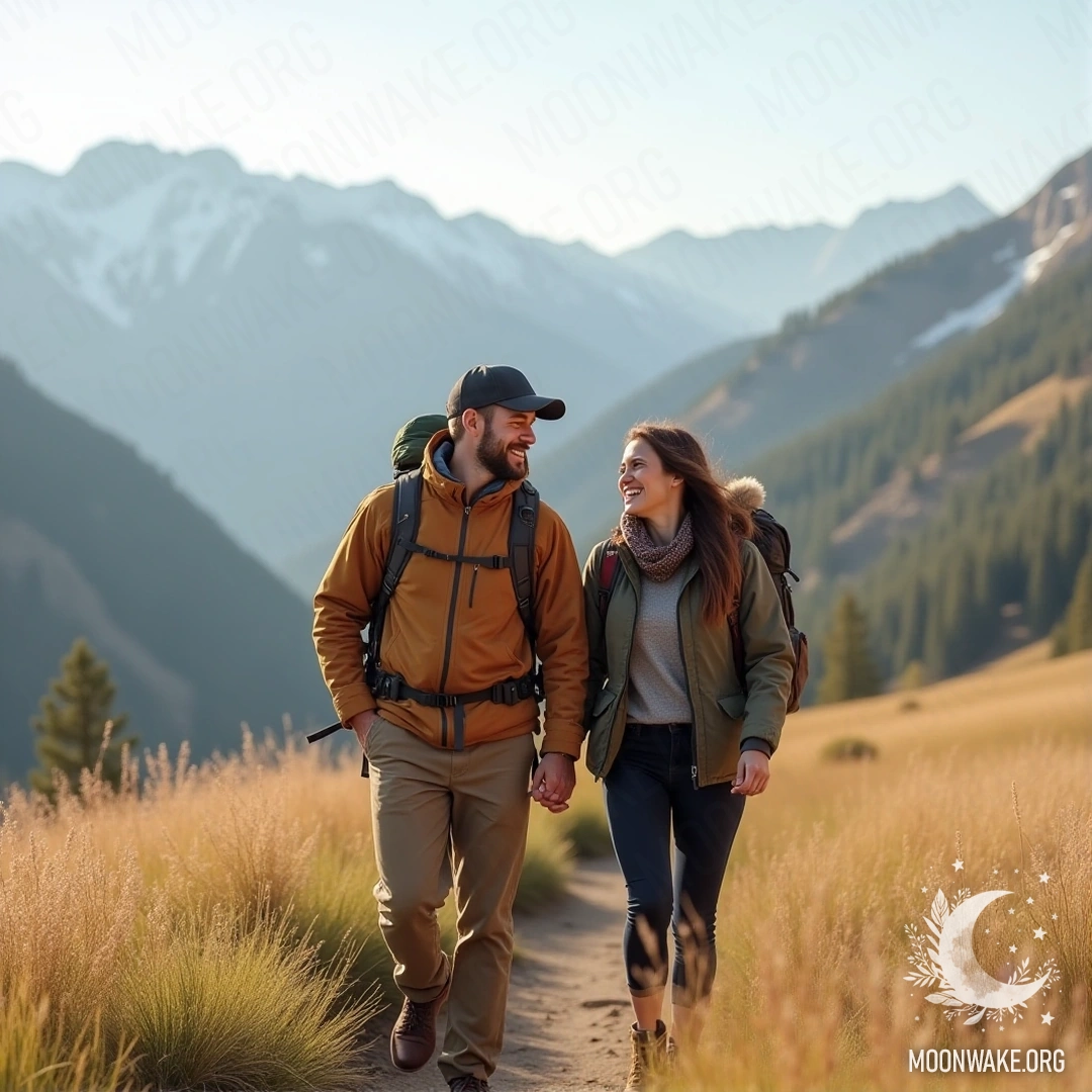 Пара, идущая в походе по горам, улыбается и смеется вместе.