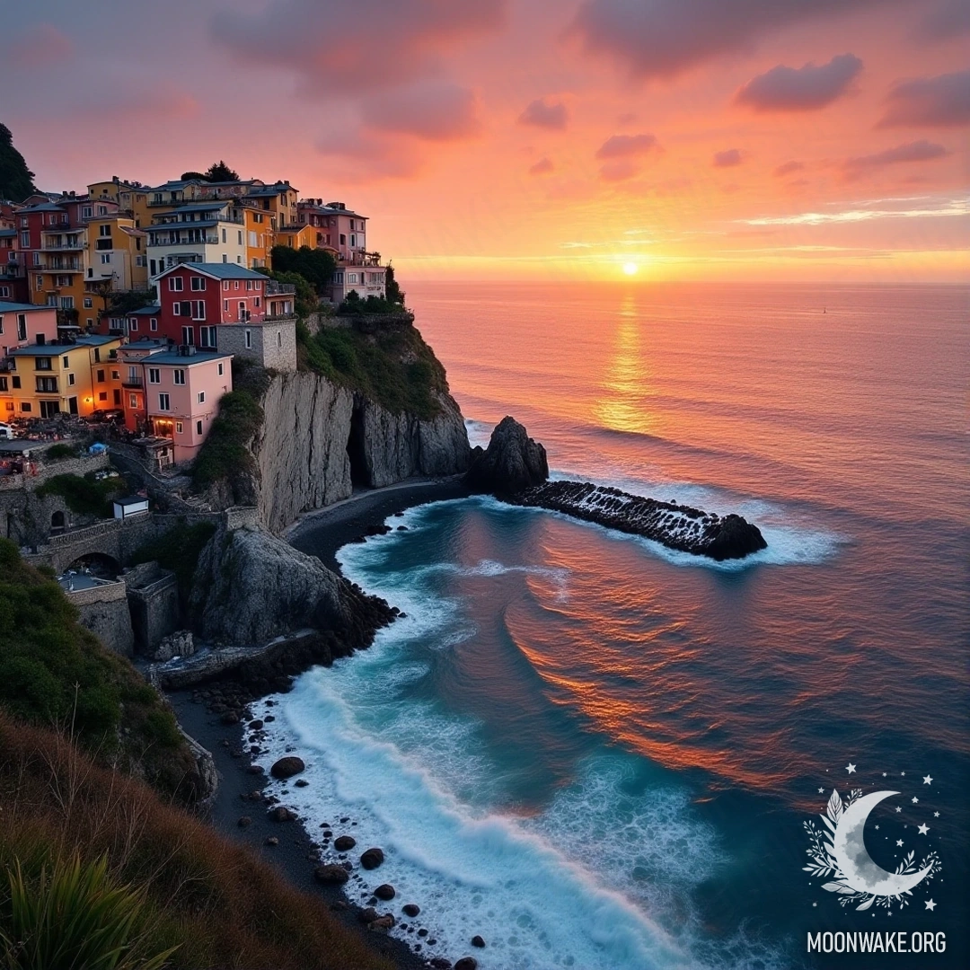 Живописный вид на прибрежную деревню с коттеджами и закатом.