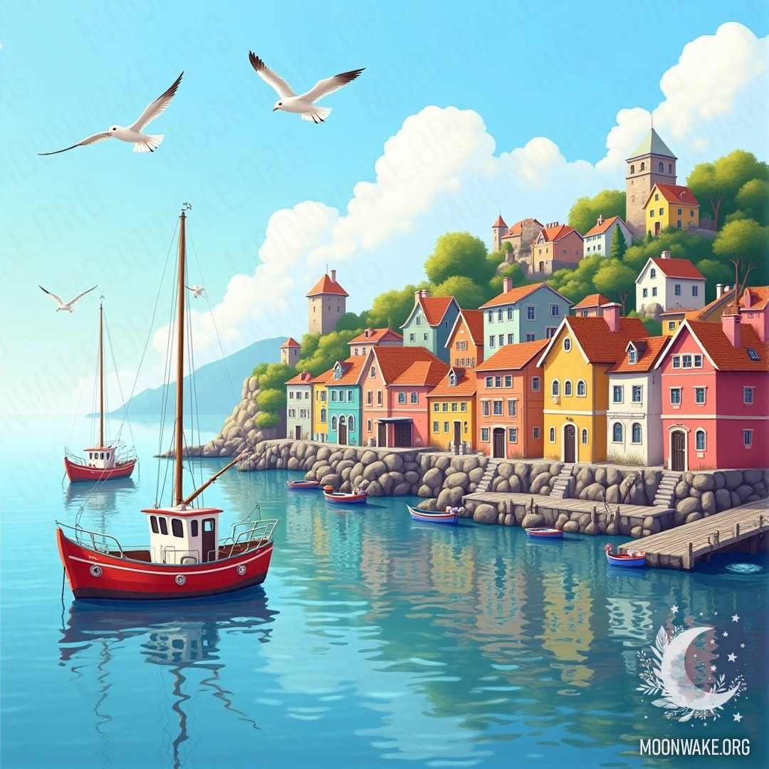 Живописное село у моря с яркими домиками и рыбацкими лодками.