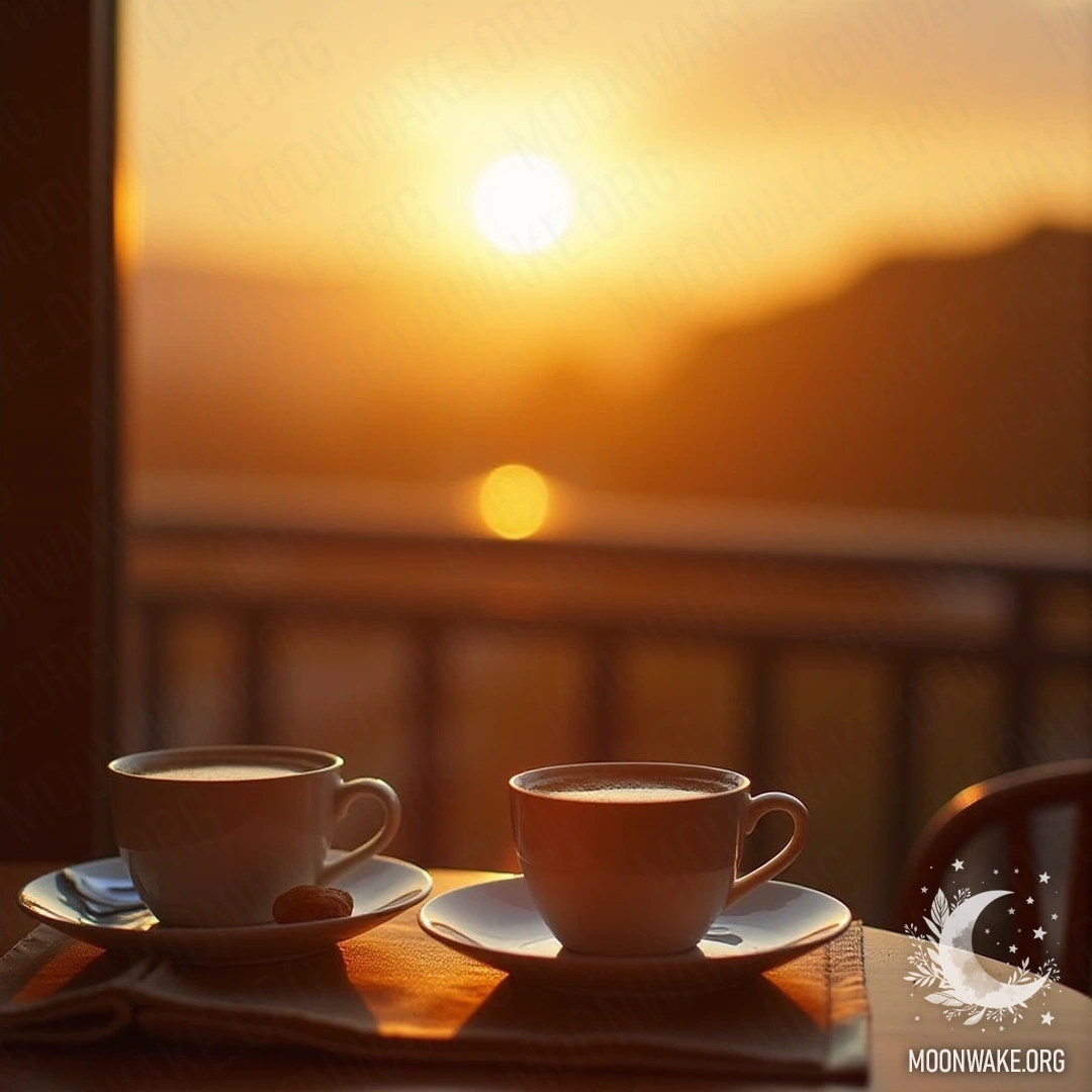 Уютная балконная обстановка с двумя чашками чая и видом на восход солнца.