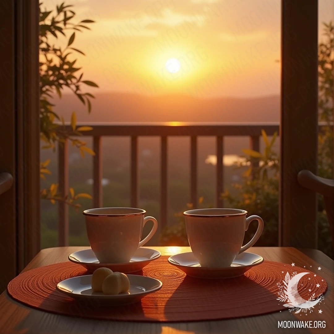 Уютная балконная обстановка с двумя чашками чая и видом на восход солнца.