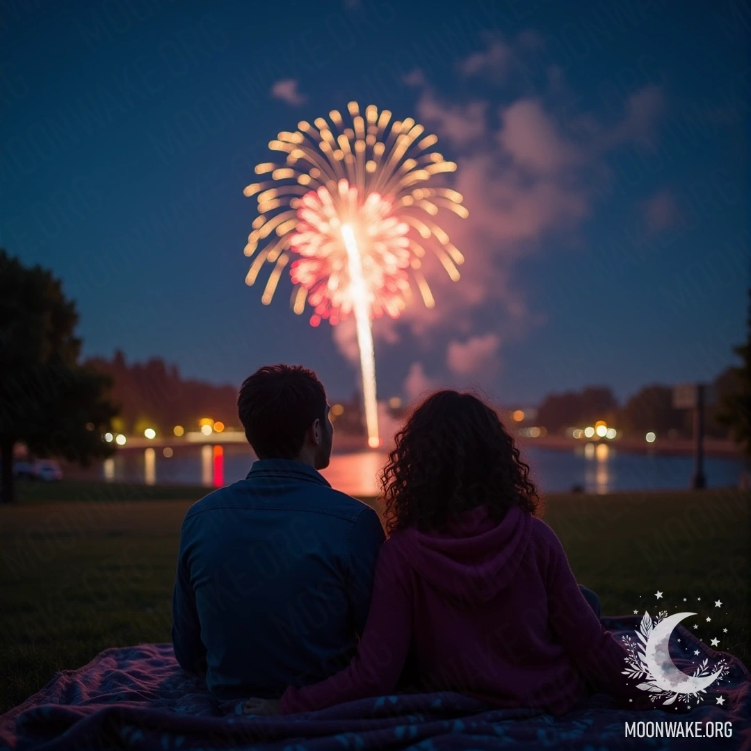 Пара, укрывшаяся под пледом, наблюдает за яркими фейерверками в ночном небе.