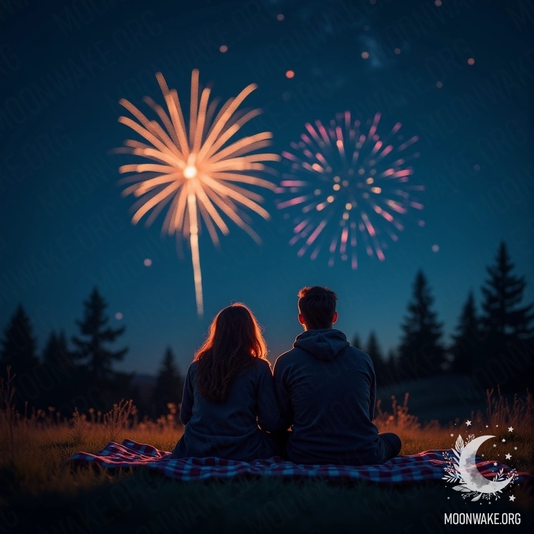 Пара, укрывшаяся под пледом, наблюдает за яркими фейерверками в ночном небе.
